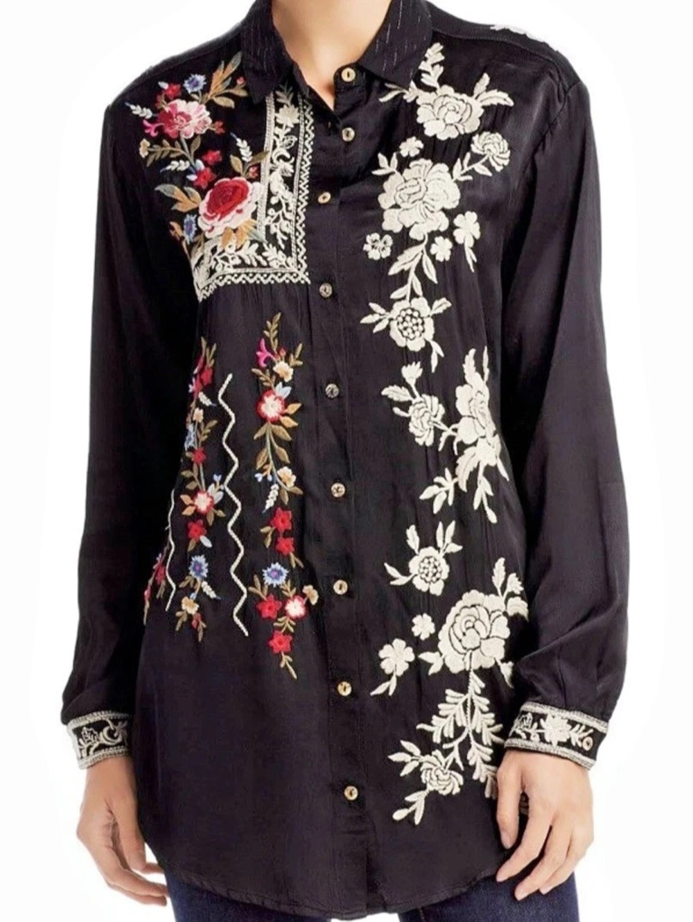 Johnny Was Embroidered Floral Button Down Black Large